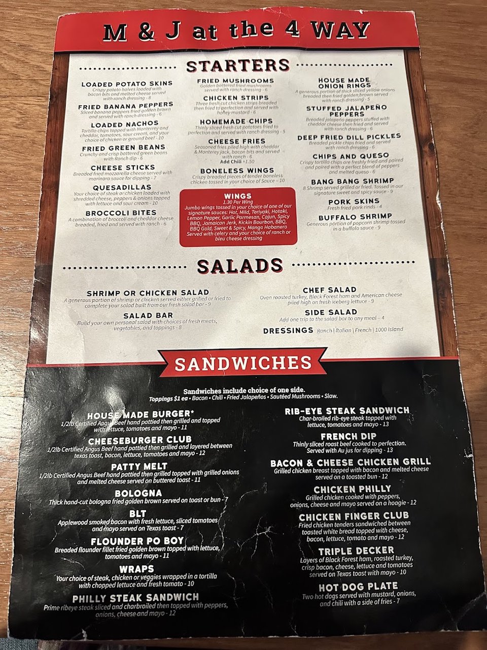 Restaurant menu featuring breakfast, lunch, and dinner items