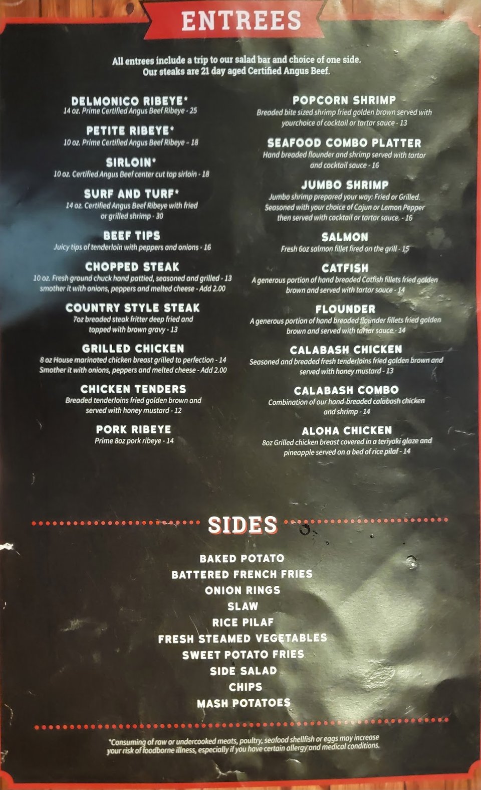 Menu layout with comfort food and dessert selections
